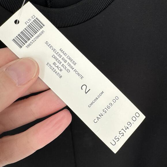 Chicos dress large L black sleeveless maxi minimalist rib trim ponte stretch - Picture 4 of 6